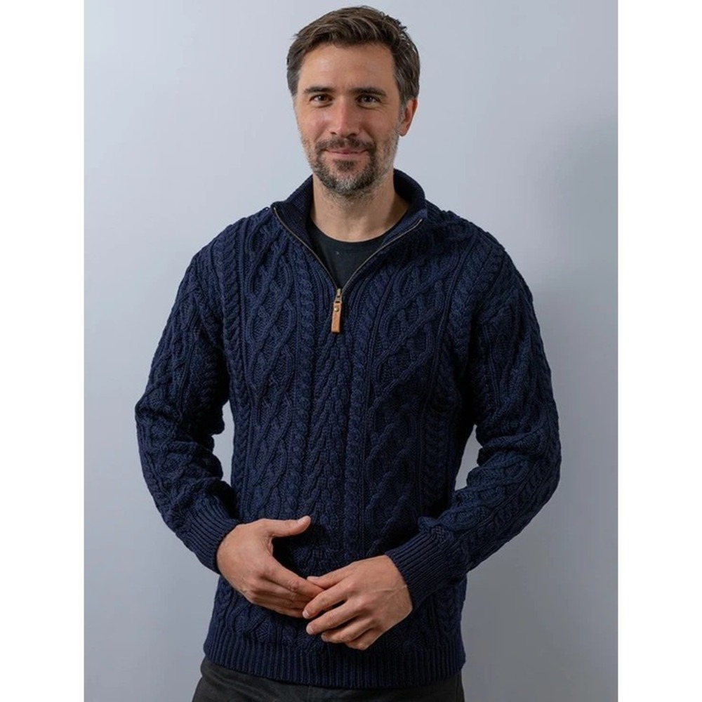Aran 100% Merino Wool 1/4 Zip Cable Knit Sweater Mens L Navy Chunky Fisherman